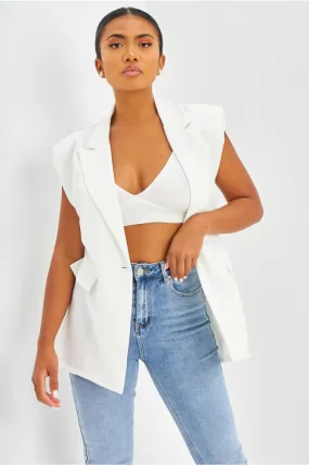 Blazer long à épaulettes sans manches blanc