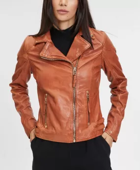 Blouson cuir biker femme cognac