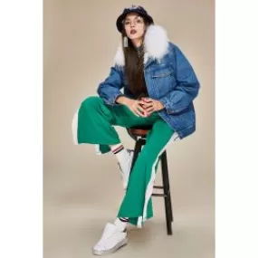 Blouson en jeans pour femme avec fourrure au col et doublure laine intérieure