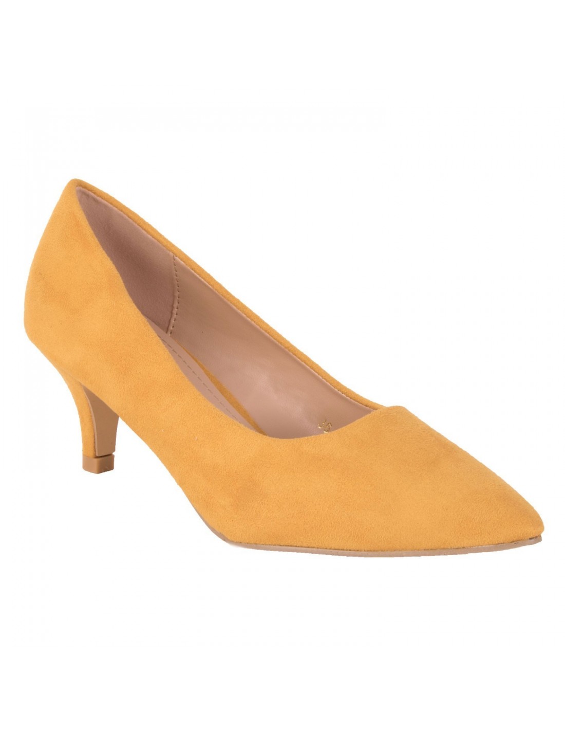 Escarpins femme jaune moutarde bout pointu aspect daim et talon bas 6cm