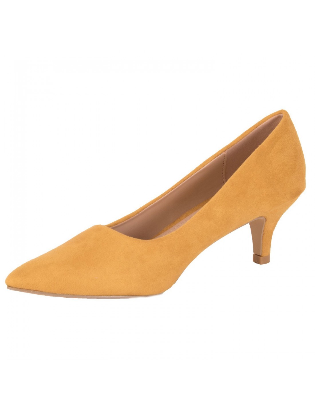 Escarpins femme jaune moutarde bout pointu aspect daim et talon bas 6cm