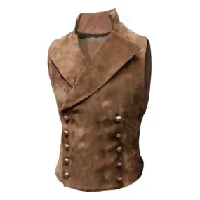 Gilet Vintage Col Montant en Daim à Double Boutonnage