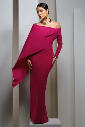 Jana | Robe longue rose foncé à cape et encolure bardot