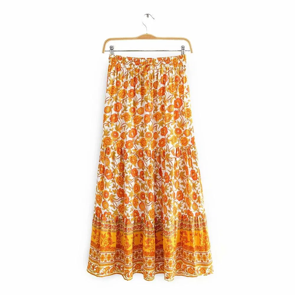Jupe Longue Orangé Hippie Fleurie