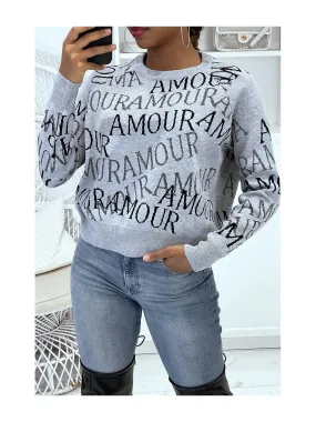 Pull gris court écriture amour