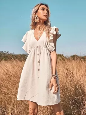 Robe Chemise Trapèze à Volants et Col en V