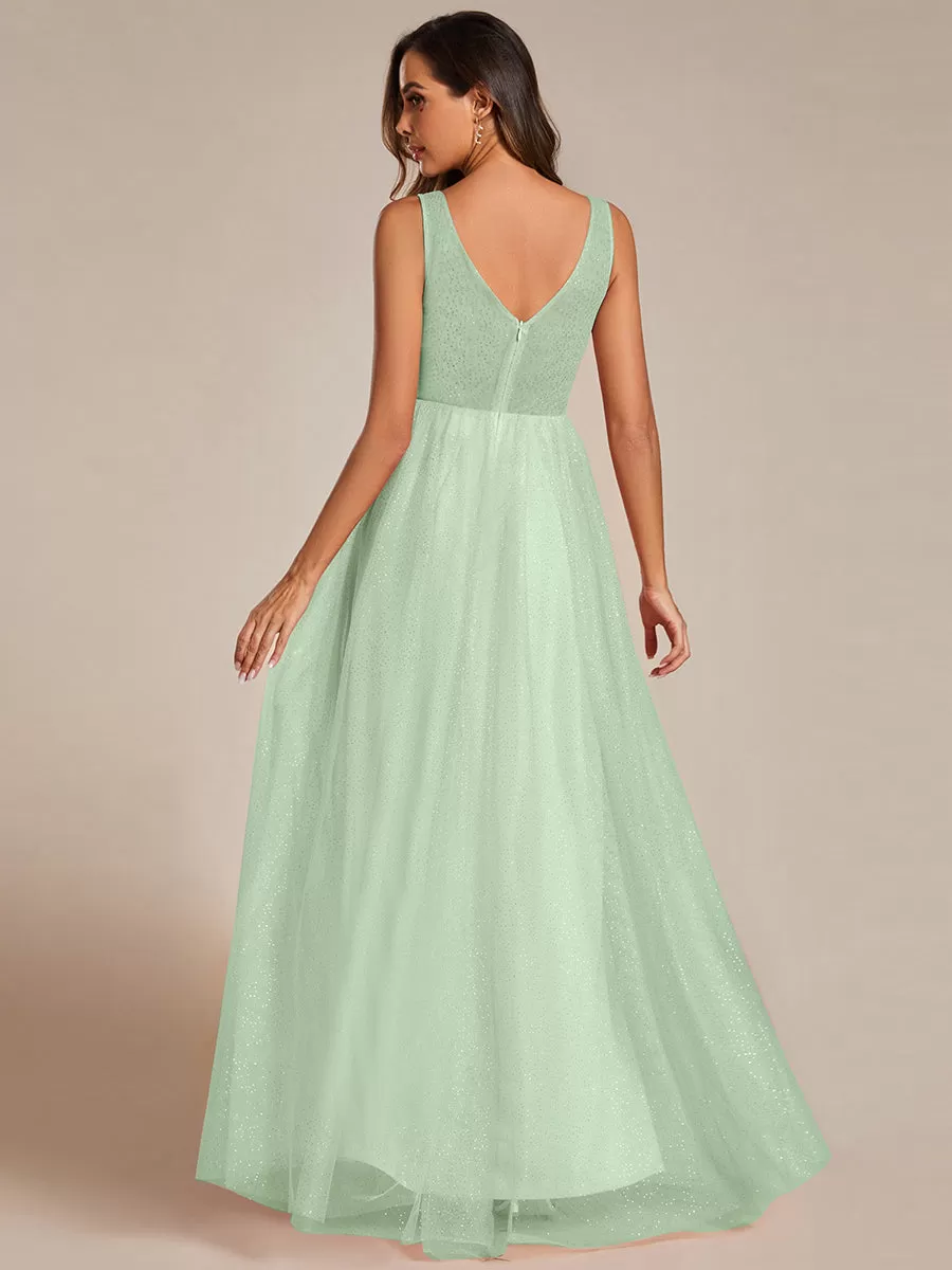Robe de demoiselle d'honneur scintillante taille haute et fente avec col en V