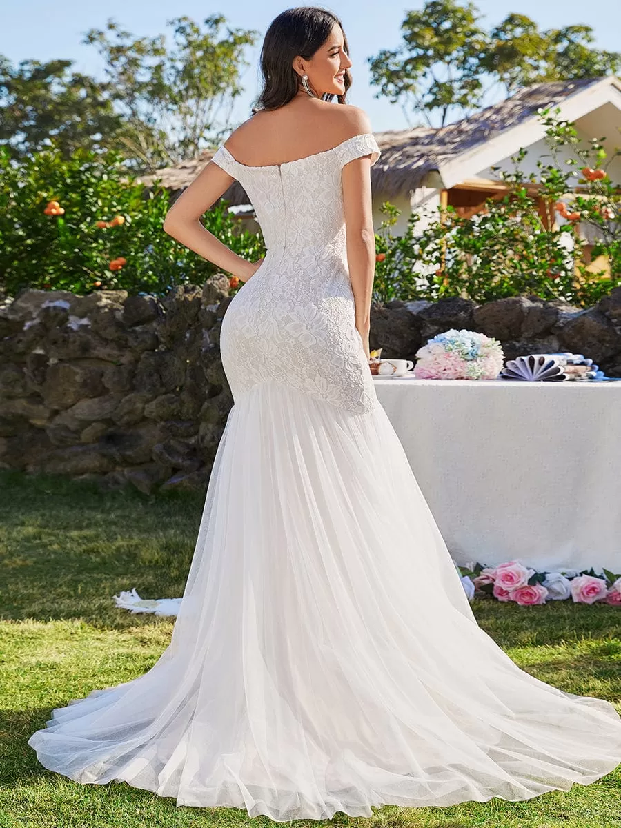 Robe de mariée sirène en dentelle à épaules dénudées