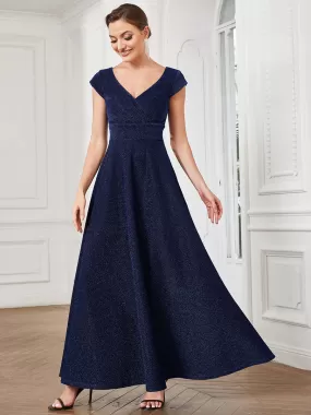 Robe de soirée trapèze plissée à manches courtes et col en V