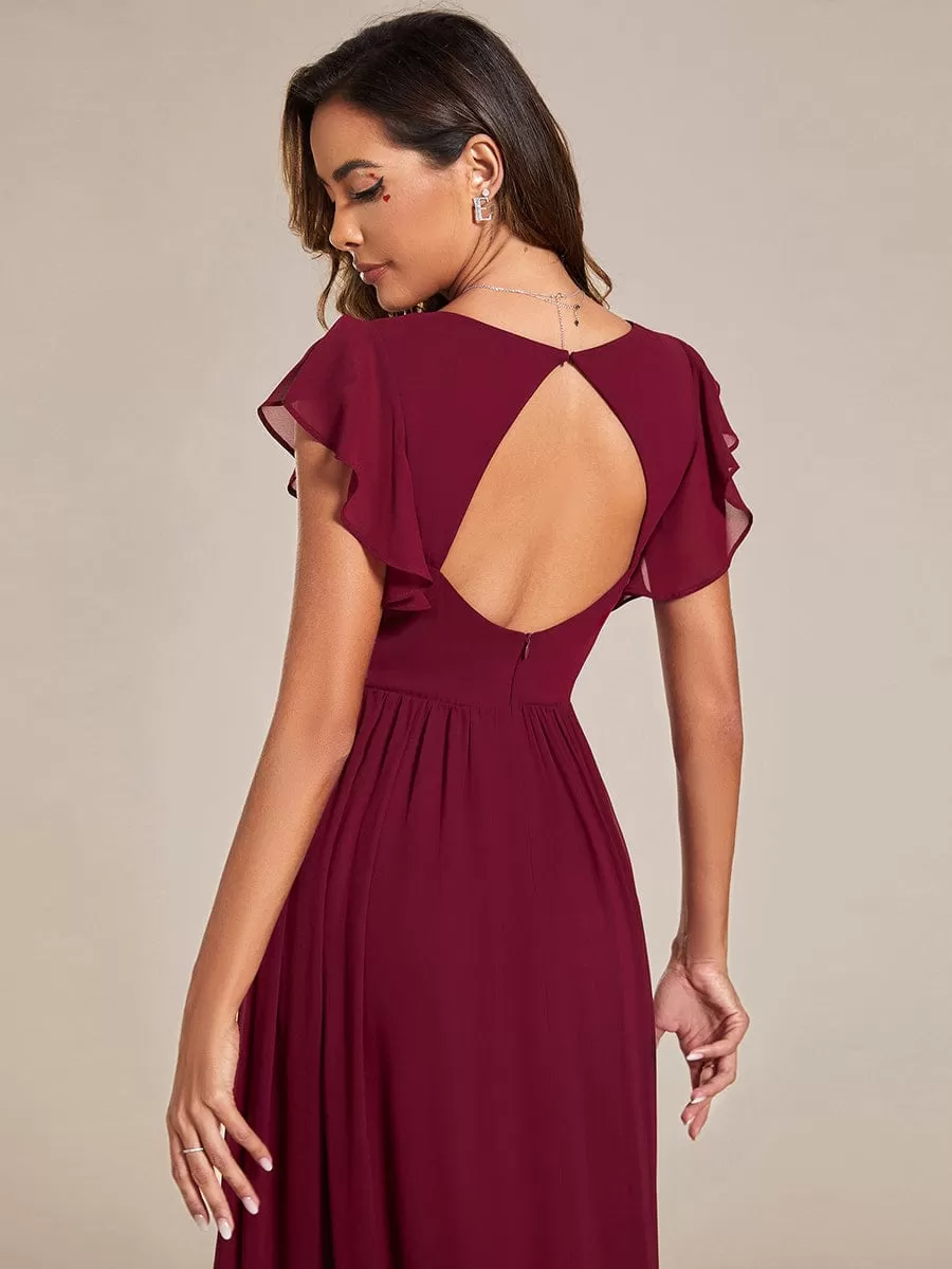 Robe demoiselle d'honneur en mousseline manches plissées avec découpe au dos