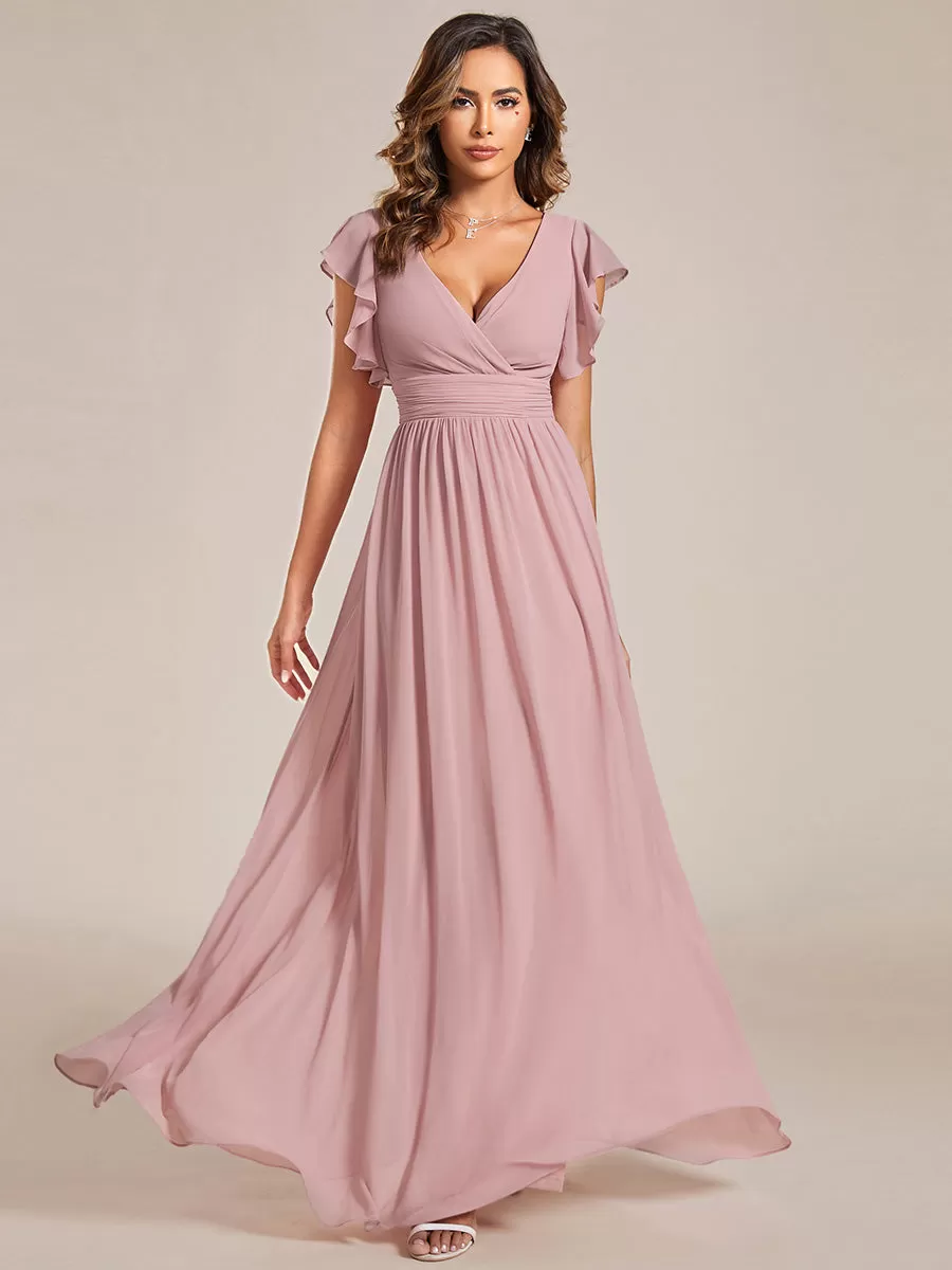 Robe demoiselle d'honneur en mousseline manches plissées avec découpe au dos