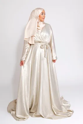 Robe du Soir Shiny Création Satin Écru reflets doré - Tendance Hijab
