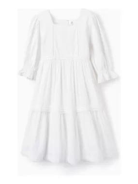 Robe En Coton Avec Broderies Pour Fille manches courtes CEREMONY COLLECTION - Blanc