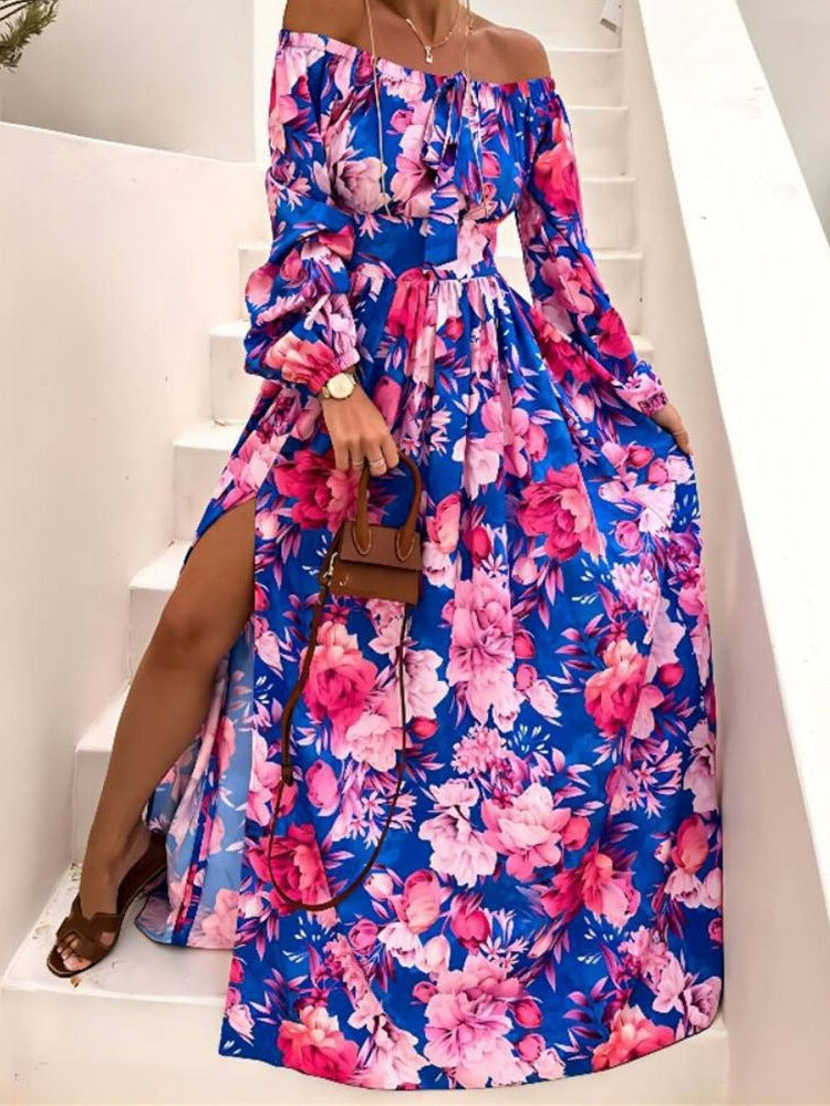 Robe Fleurie Col Bateau Fendue