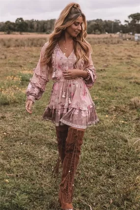 Robe fleurie courte champêtre à manches longues pour femmes | Tendance Fleurie