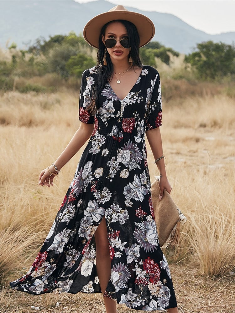 Robe longue champêtre à imprimé floral noir | Tendance Fleurie