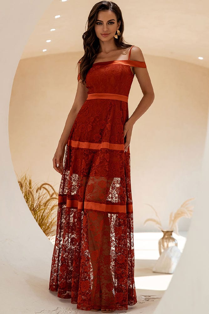 Robe Longue Dentelle Transparente Rouge