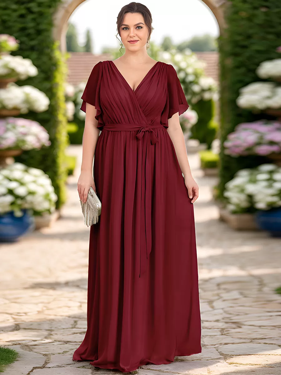 Robe mariage invitée en mousseline de soie longue de grande taille à encolure en V Maxi