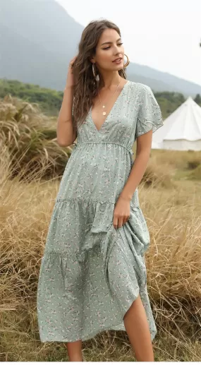 Robe à fleurs longue à volants pour femme vert | Tendance Fleurie