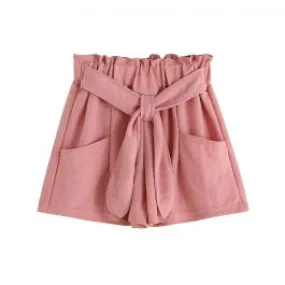 Shorts en coton et lin pour les filles noeud couleur unie rose