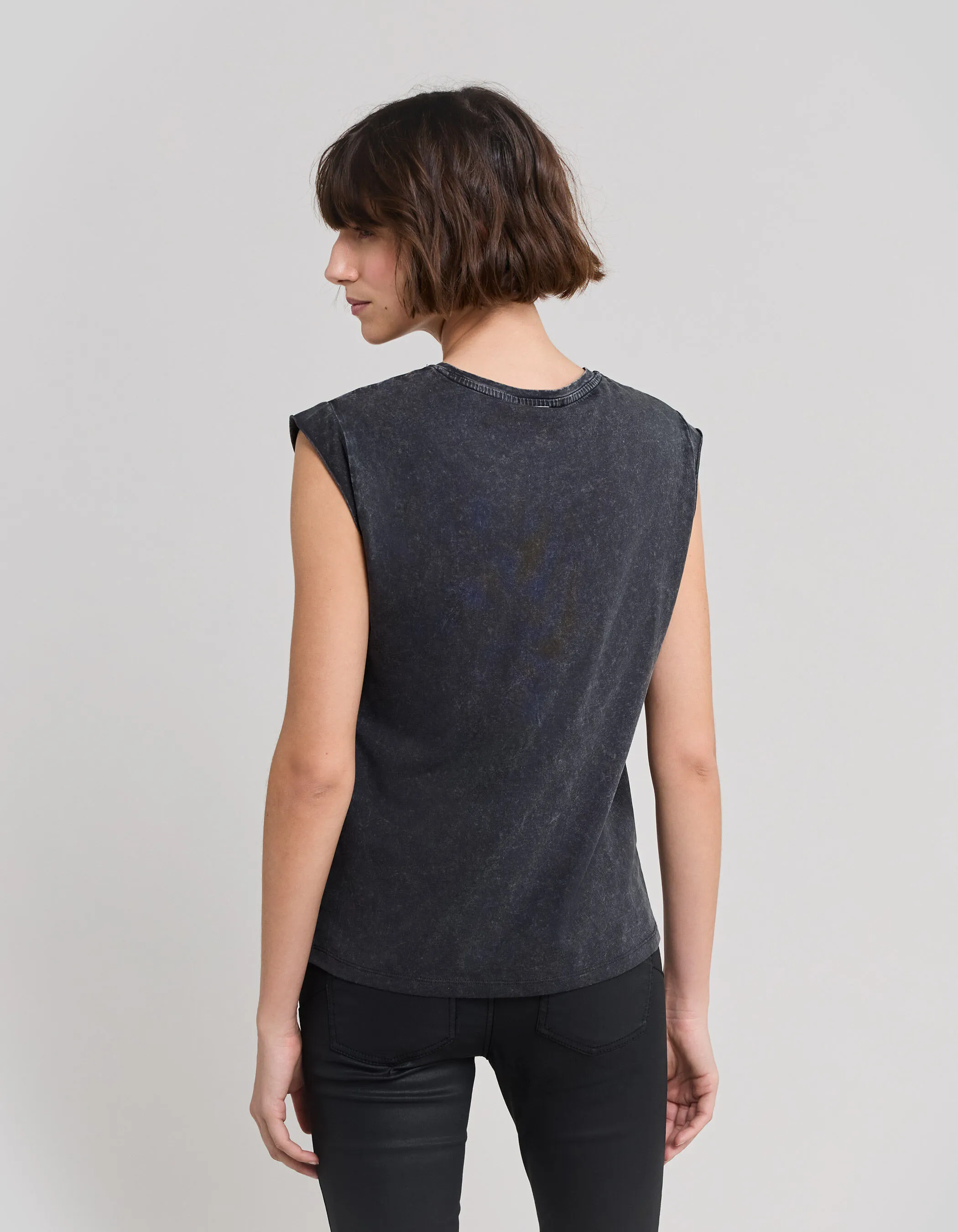 Tee-shirt gris tête de mort brodée fils et strass Femme