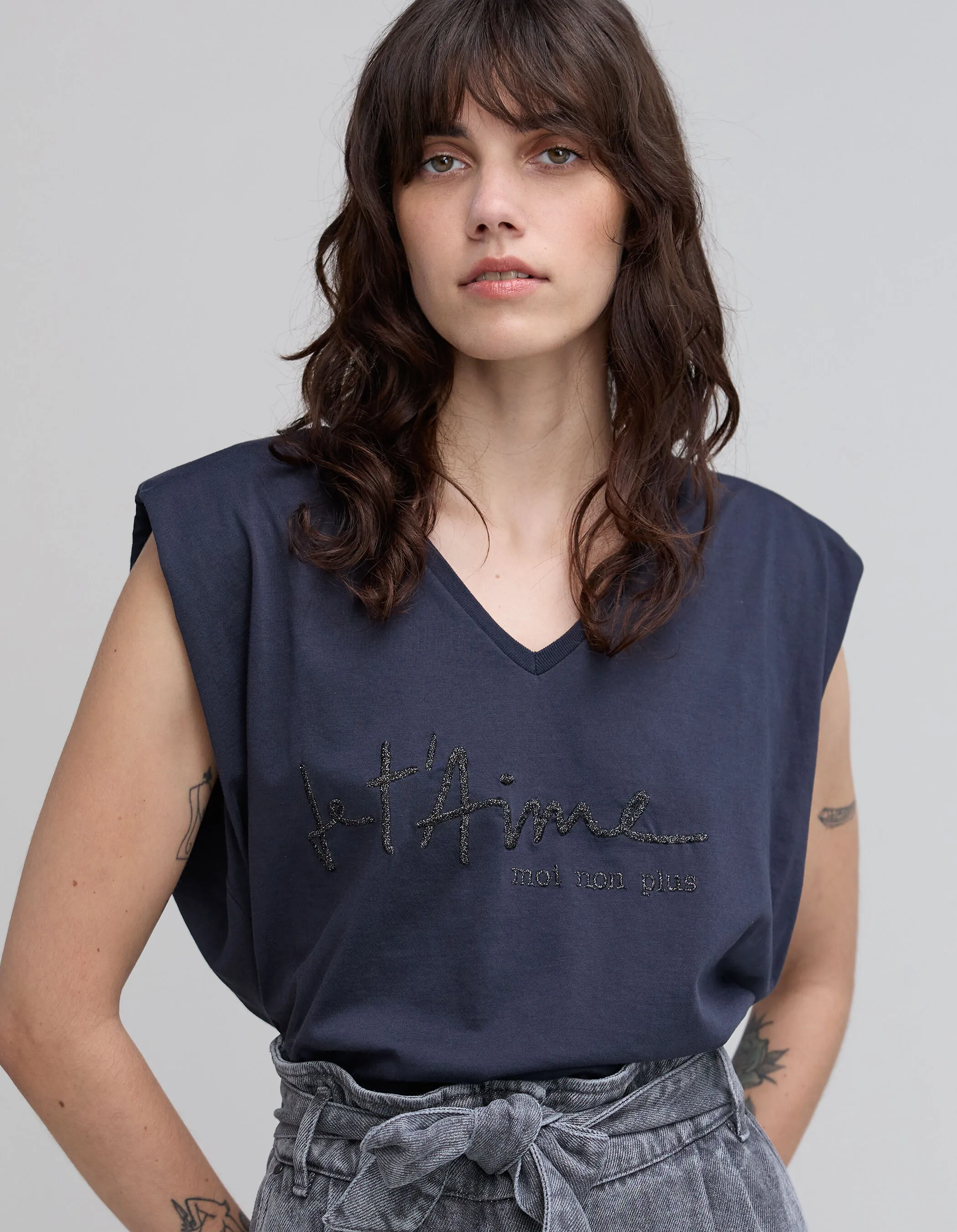 Tee-shirt marine coton bio message brodé Femme