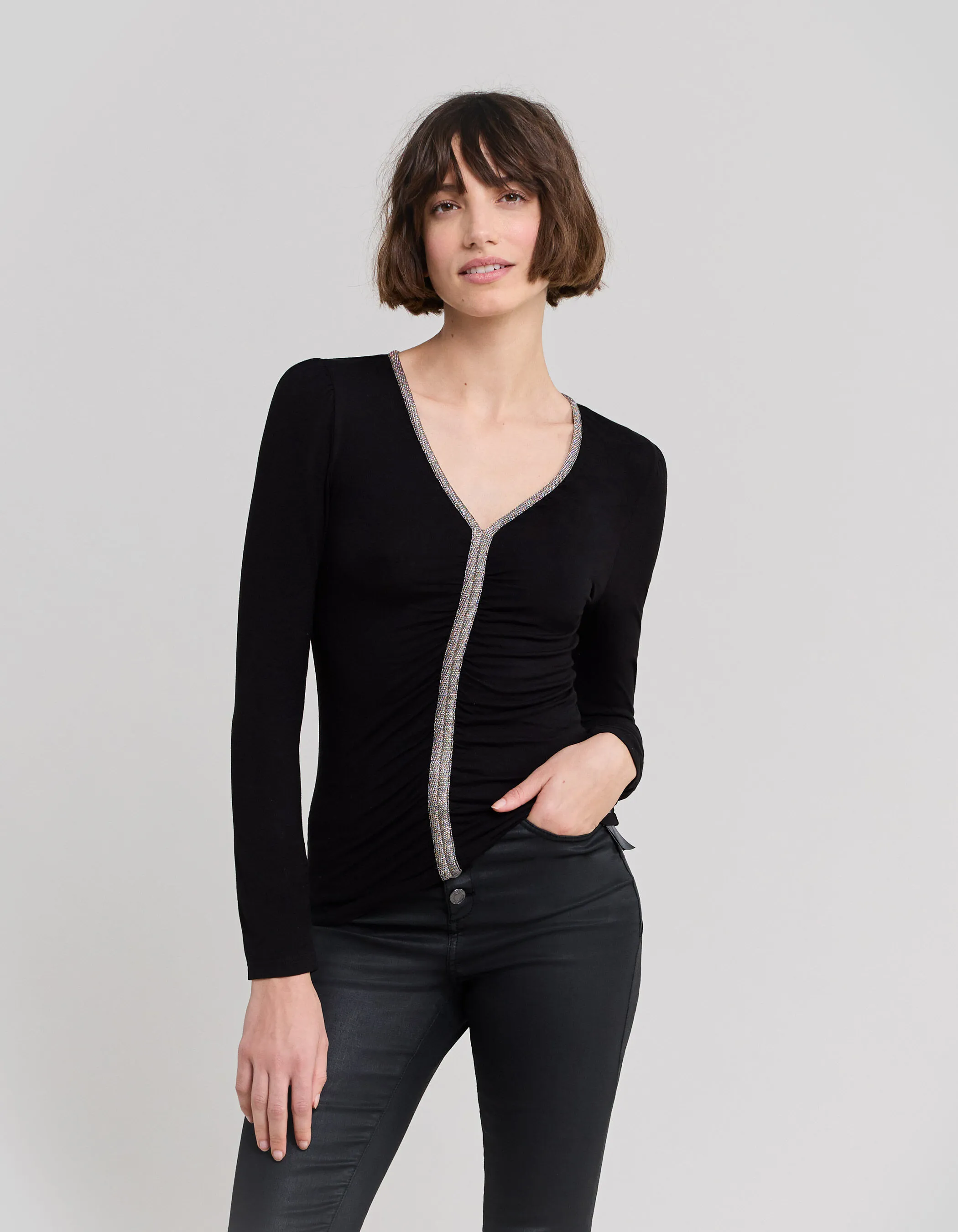 Tee-shirt noir ganses résille métallisée Femme