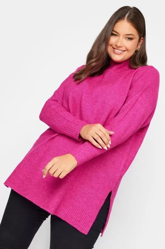 YOURS - Pull Rose Fushia en Maille Col & Fentes