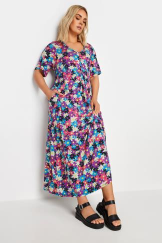 YOURS - Robe Maxi en Jersey Noire Floral Rose & Bleu