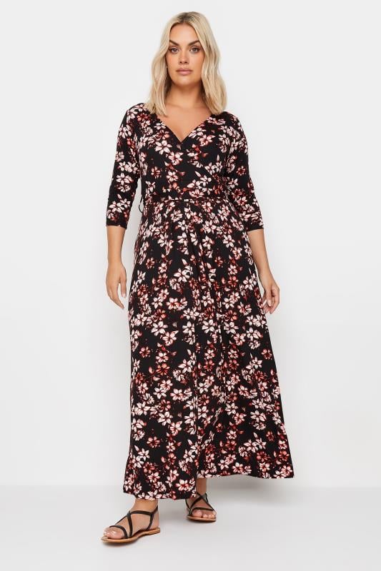 YOURS - Robe Noire & Rouge Floral Maxi Cache-Coeur